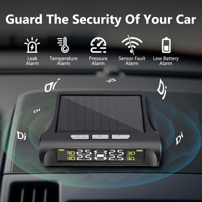 Auto si Moto - Reparatii si depanare - Sisteme de diagnoza - Senzori presiune si temperatura anvelope, cu alarma, incarcare solara, afisaj LCD, alarma, negru - Infinity.ro