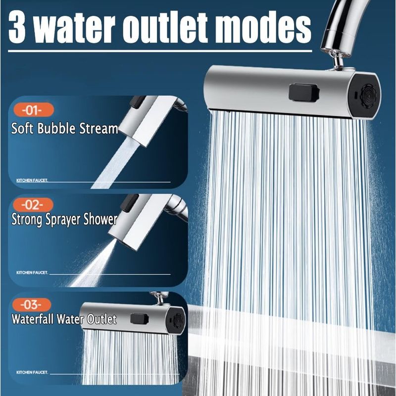 Casa si Gradina - Sanitare - Lavoar baie si accesorii - Accesorii baterii sanitare - Extensie robinet 3 in 1, 360°, 3 moduri de functionare, cupru, argintiu - Infinity.ro