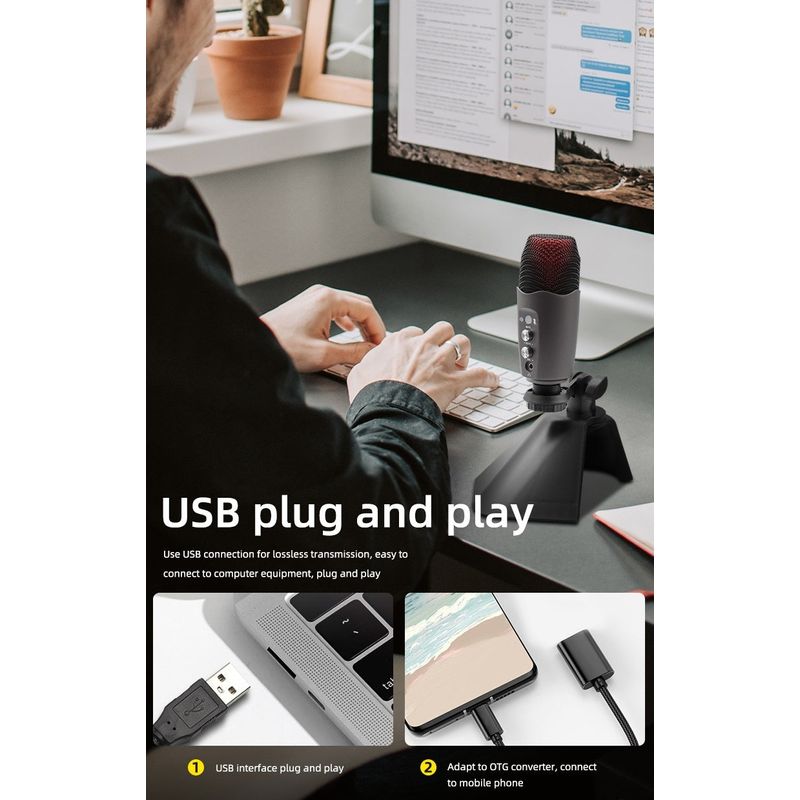 TV, Audio-Video si Foto - Audio profesionale - Microfoane profesionale - Microfon cu condensator RGB de inregistrare, cu suport, USB Plug and Play - Infinity.ro