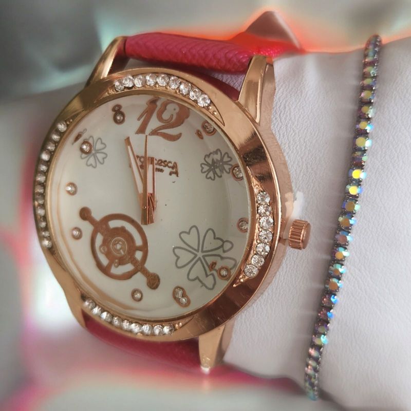 Fashion, accesorii si bijuterii - Femei - Bijuterii femei - Ceasuri femei - Set ceas casual de dama cu bratara inclusa, mecanism quartz, display analog, bratara roz lacuita, inchidere catarama - Infinity.ro