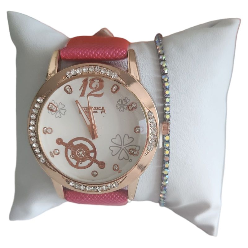 Fashion, accesorii si bijuterii - Femei - Bijuterii femei - Ceasuri femei - Set ceas casual de dama cu bratara inclusa, mecanism quartz, display analog, bratara roz lacuita, inchidere catarama - Infinity.ro