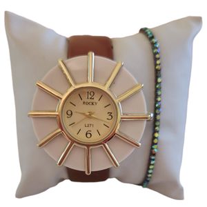 Set ceas casual de dama, bratara inclusa, mecanism quartz, display analog, bratara burgundy lacuita, inchidere catarama