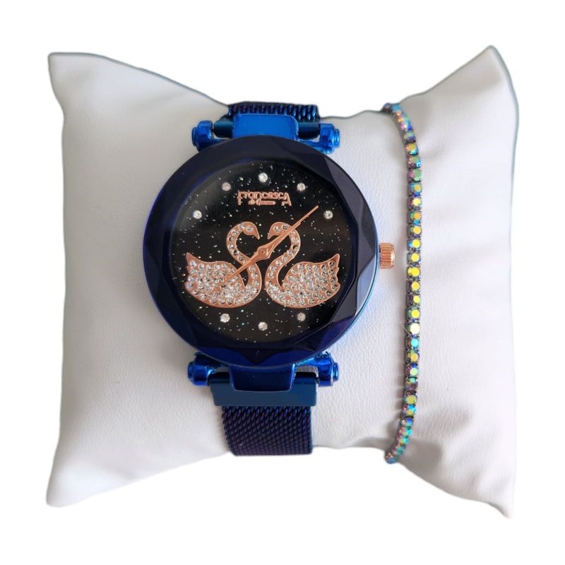 Fashion, accesorii si bijuterii - Femei - Bijuterii femei - Ceasuri femei - Set ceas casual de dama, bratara inclusa, mecanism quartz, display analog, bratara albastru electric magnetica - Infinity.ro