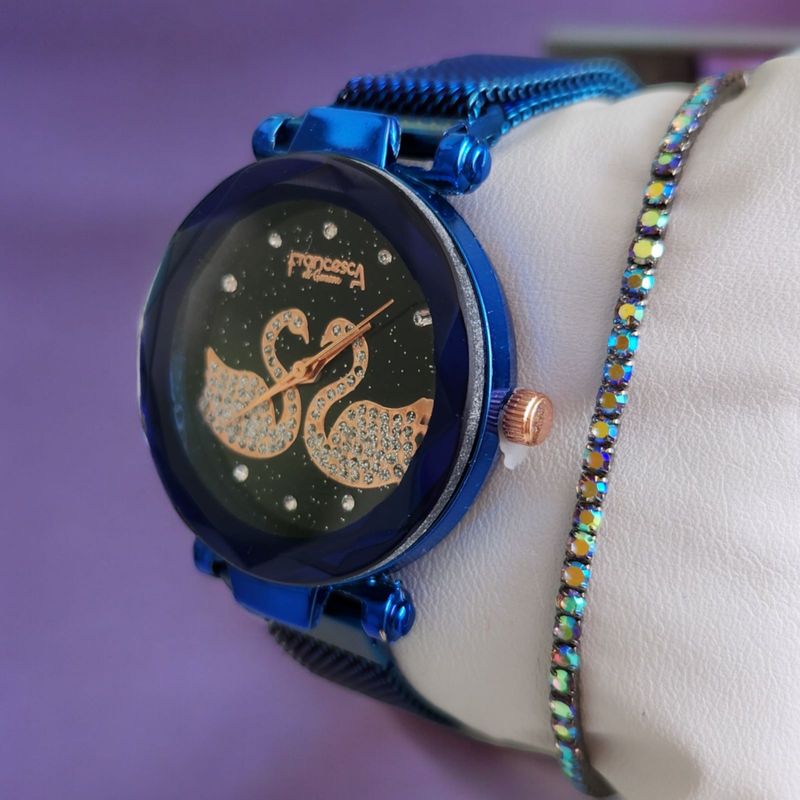 Fashion, accesorii si bijuterii - Femei - Bijuterii femei - Ceasuri femei - Set ceas casual de dama, bratara inclusa, mecanism quartz, display analog, bratara albastru electric magnetica - Infinity.ro