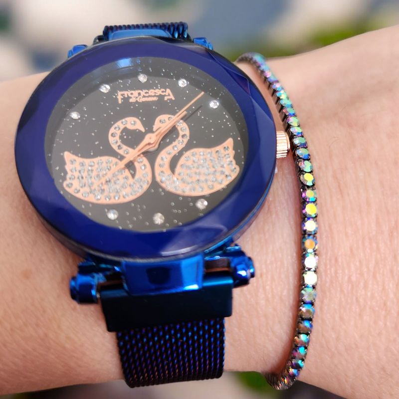 Fashion, accesorii si bijuterii - Femei - Bijuterii femei - Ceasuri femei - Set ceas casual de dama, bratara inclusa, mecanism quartz, display analog, bratara albastru electric magnetica - Infinity.ro