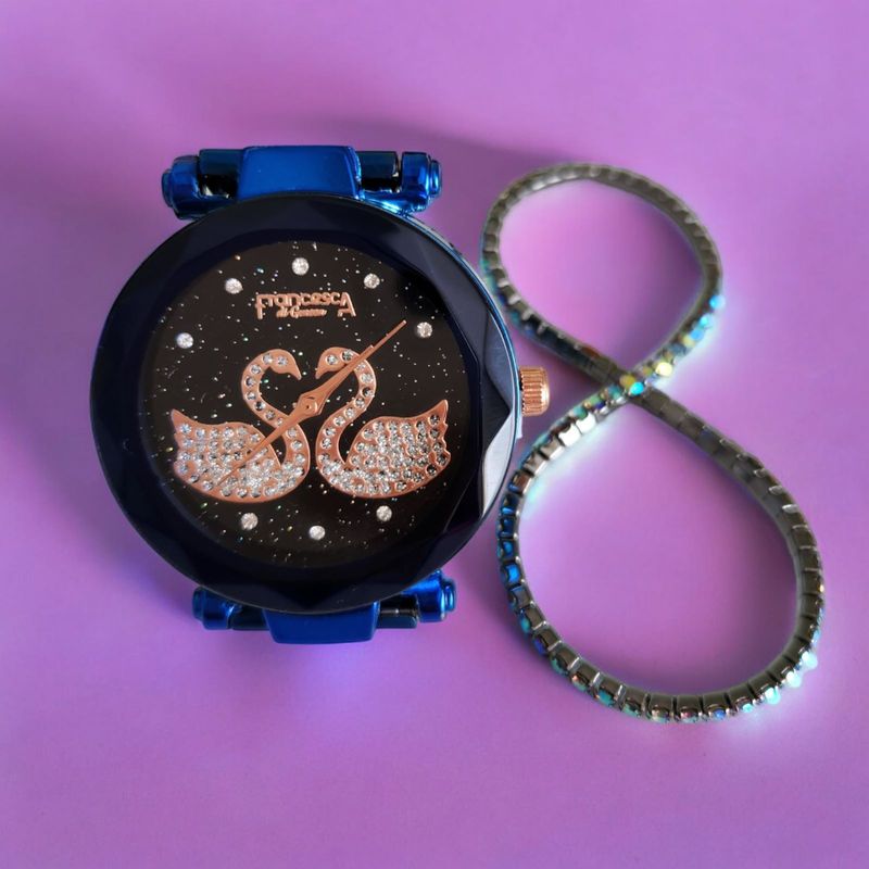 Fashion, accesorii si bijuterii - Femei - Bijuterii femei - Ceasuri femei - Set ceas casual de dama, bratara inclusa, mecanism quartz, display analog, bratara albastru electric magnetica - Infinity.ro