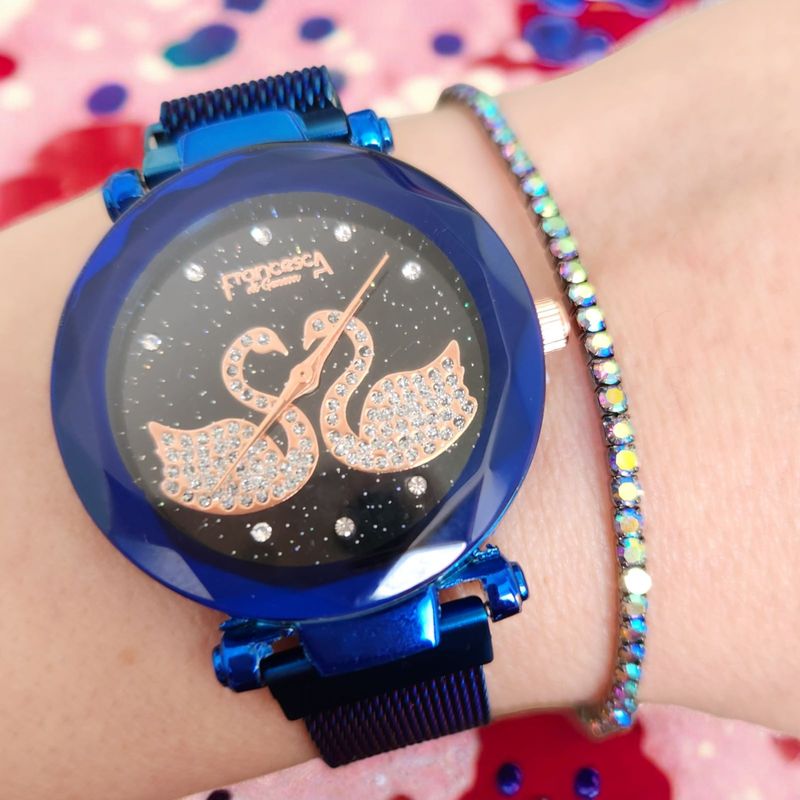 Fashion, accesorii si bijuterii - Femei - Bijuterii femei - Ceasuri femei - Set ceas casual de dama, bratara inclusa, mecanism quartz, display analog, bratara albastru electric magnetica - Infinity.ro