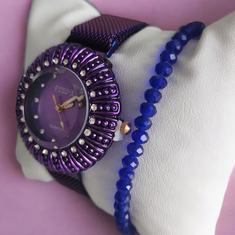 Fashion, accesorii si bijuterii - Femei - Bijuterii femei - Ceasuri femei - Set ceas casual de dama cu bratara inclusa, mecanism quartz, display analog, bratara mov, inchidere magnetica - Infinity.ro