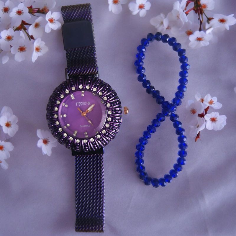 Fashion, accesorii si bijuterii - Femei - Bijuterii femei - Ceasuri femei - Set ceas casual de dama cu bratara inclusa, mecanism quartz, display analog, bratara mov, inchidere magnetica - Infinity.ro