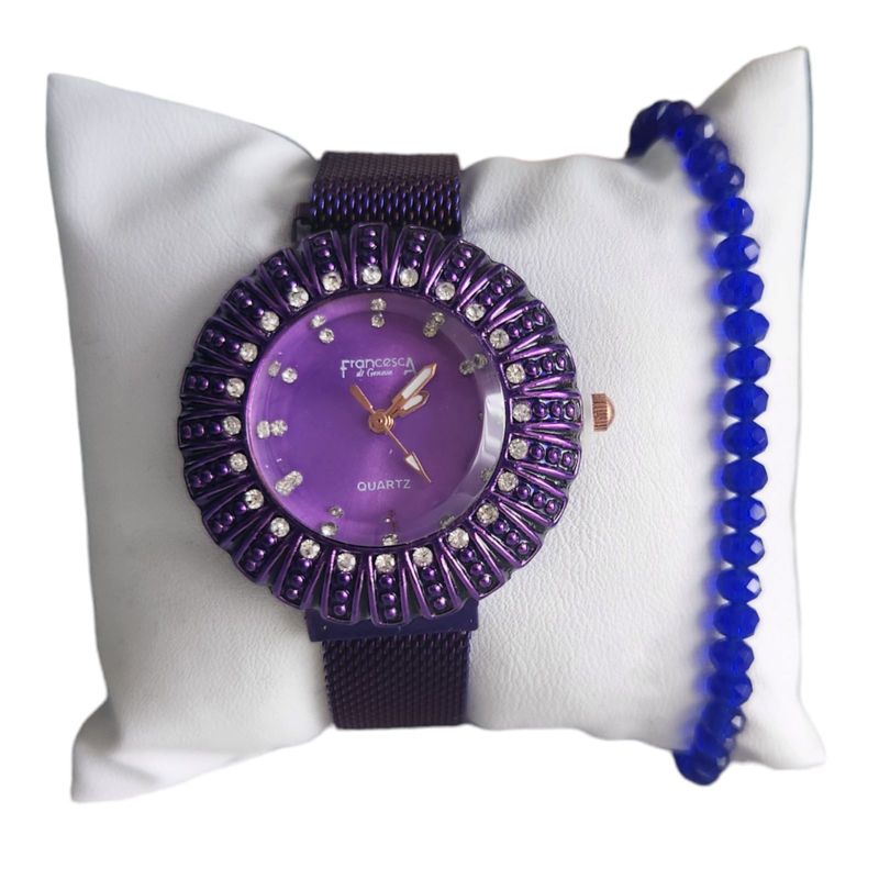 Fashion, accesorii si bijuterii - Femei - Bijuterii femei - Ceasuri femei - Set ceas casual de dama cu bratara inclusa, mecanism quartz, display analog, bratara mov, inchidere magnetica - Infinity.ro