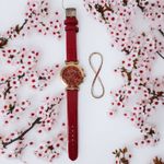 Fashion, accesorii si bijuterii - Femei - Bijuterii femei - Ceasuri femei - Set Ceas Casual de Dama cu Bratara Inclusa, display analog, mecanism quartz, curea piele ecologica lacuita, rosu - Infinity.ro