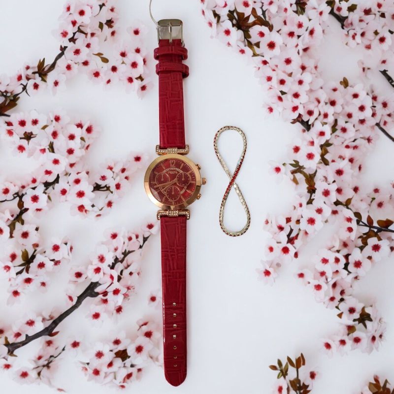 Fashion, accesorii si bijuterii - Femei - Bijuterii femei - Ceasuri femei - Set Ceas Casual de Dama cu Bratara Inclusa, display analog, mecanism quartz, curea piele ecologica lacuita, rosu - Infinity.ro