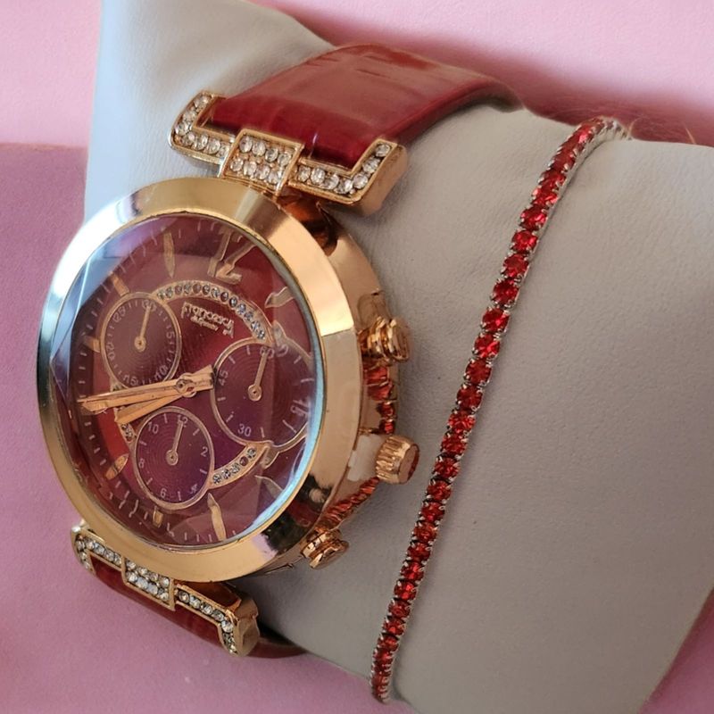 Fashion, accesorii si bijuterii - Femei - Bijuterii femei - Ceasuri femei - Set Ceas Casual de Dama cu Bratara Inclusa, display analog, mecanism quartz, curea piele ecologica lacuita, rosu - Infinity.ro