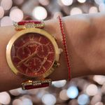 Fashion, accesorii si bijuterii - Femei - Bijuterii femei - Ceasuri femei - Set Ceas Casual de Dama cu Bratara Inclusa, display analog, mecanism quartz, curea piele ecologica lacuita, rosu - Infinity.ro