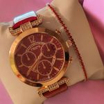 Fashion, accesorii si bijuterii - Femei - Bijuterii femei - Ceasuri femei - Set Ceas Casual de Dama cu Bratara Inclusa, display analog, mecanism quartz, curea piele ecologica lacuita, rosu - Infinity.ro