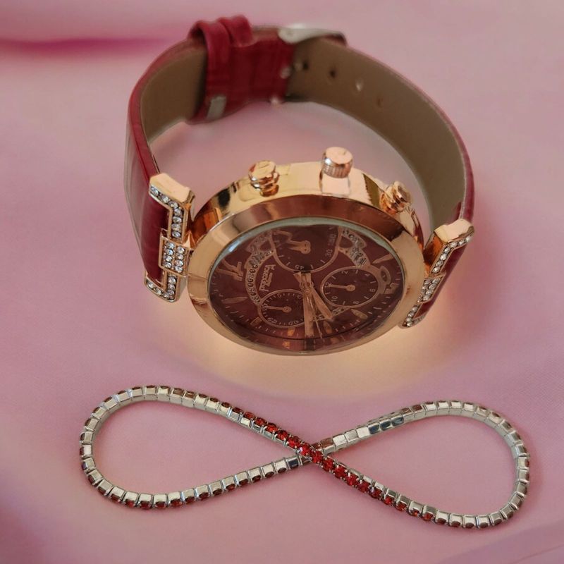 Fashion, accesorii si bijuterii - Femei - Bijuterii femei - Ceasuri femei - Set Ceas Casual de Dama cu Bratara Inclusa, display analog, mecanism quartz, curea piele ecologica lacuita, rosu - Infinity.ro