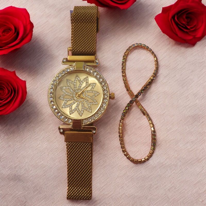 Fashion, accesorii si bijuterii - Femei - Bijuterii femei - Ceasuri femei - Set ceas casual de dama cu bratara inclusa, mecanism quartz, display analog, bratara aurie, inchidere magnetica - Infinity.ro