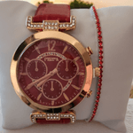 Fashion, accesorii si bijuterii - Femei - Bijuterii femei - Ceasuri femei - Set Ceas Casual de Dama cu Bratara Inclusa, display analog, mecanism quartz, curea piele ecologica lacuita, rosu - Infinity.ro