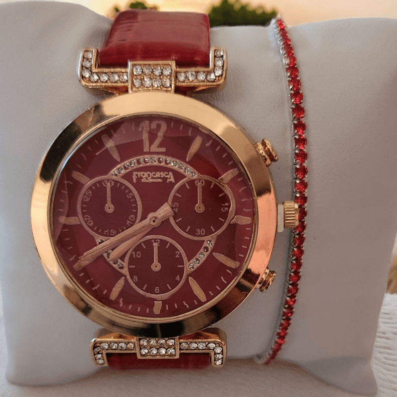 Fashion, accesorii si bijuterii - Femei - Bijuterii femei - Ceasuri femei - Set Ceas Casual de Dama cu Bratara Inclusa, display analog, mecanism quartz, curea piele ecologica lacuita, rosu - Infinity.ro