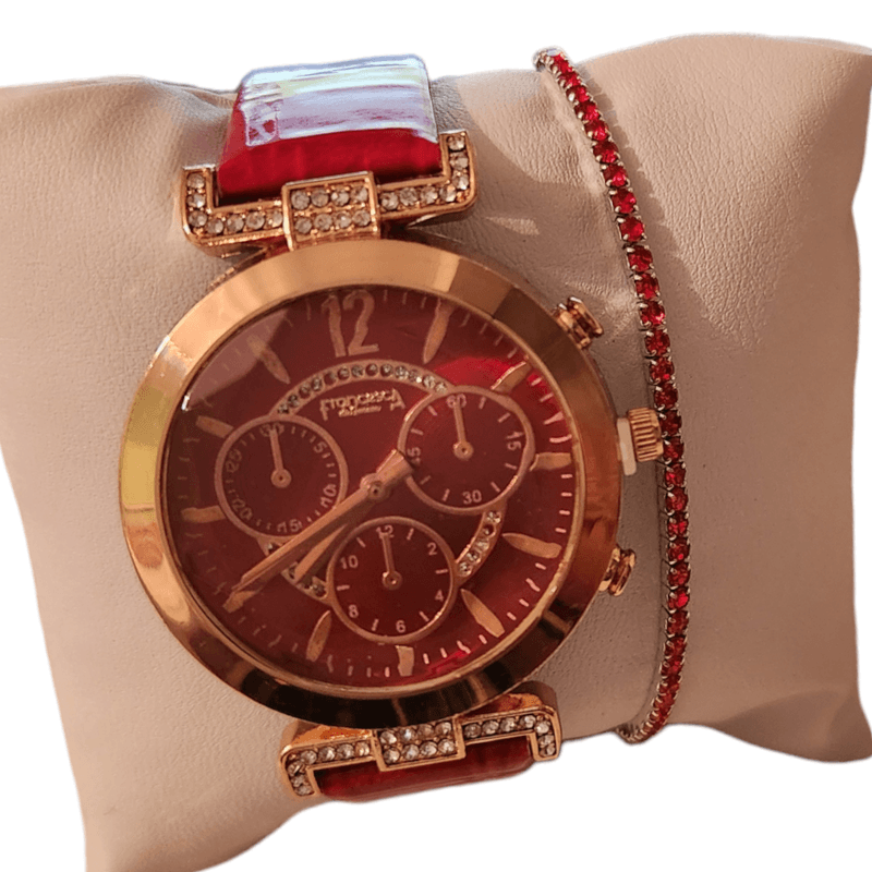 Fashion, accesorii si bijuterii - Femei - Bijuterii femei - Ceasuri femei - Set Ceas Casual de Dama cu Bratara Inclusa, display analog, mecanism quartz, curea piele ecologica lacuita, rosu - Infinity.ro