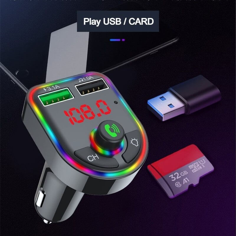 Auto si Moto - Electronice auto - Accesorii electronice auto - Modulator FM, cu Bluetooth 5.0, incarcare rapida, 3 porturi de incarcare, RGB, negru - Infinity.ro