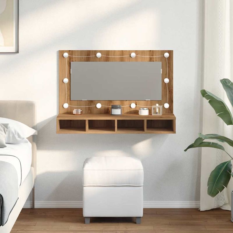 Casa si Gradina - Mobilier - Mobilier baie - Comode baie - Dulap cu oglinda si LED, Artisan Stejar, 90x31,5x62 cm - Infinity.ro