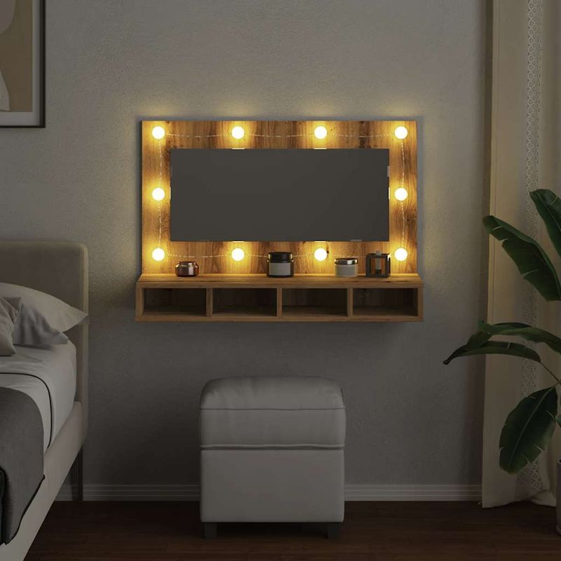 Casa si Gradina - Mobilier - Mobilier baie - Comode baie - Dulap cu oglinda si LED, Artisan Stejar, 90x31,5x62 cm - Infinity.ro