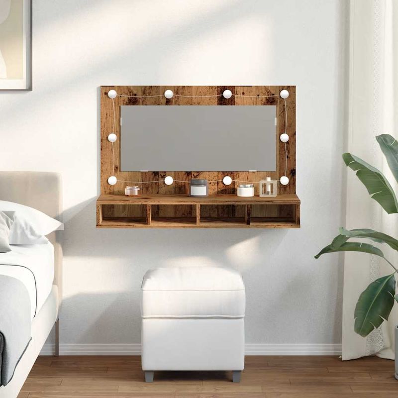 Casa si Gradina - Mobilier - Mobilier baie - Comode baie - Dulap cu oglinda si LED, lemn vechi, 90x31,5x62 cm - Infinity.ro