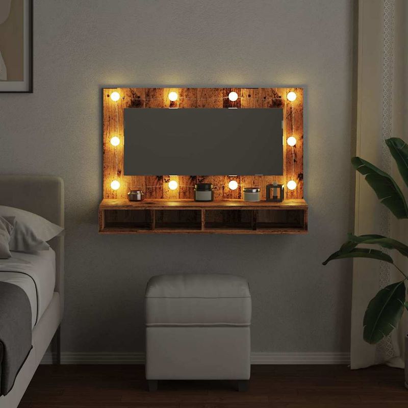 Casa si Gradina - Mobilier - Mobilier baie - Comode baie - Dulap cu oglinda si LED, lemn vechi, 90x31,5x62 cm - Infinity.ro