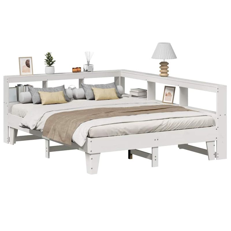 Casa si Gradina - Mobilier - Paturi si accesorii - Paturi - Pat cu biblioteca fara saltea, alb, 140x200 cm, lemn masiv pin - Infinity.ro