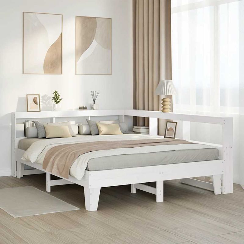 Casa si Gradina - Mobilier - Paturi si accesorii - Paturi - Pat cu biblioteca fara saltea, alb, 140x200 cm, lemn masiv pin - Infinity.ro