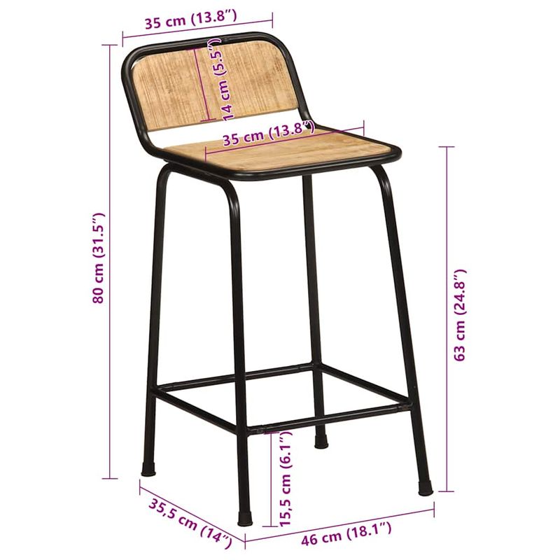 Casa si Gradina - Mobilier - Scaune si fotolii - Scaune - Scaune de bar 2 buc 46x35,5x80 cm Lemn masiv Mango brut - Infinity.ro