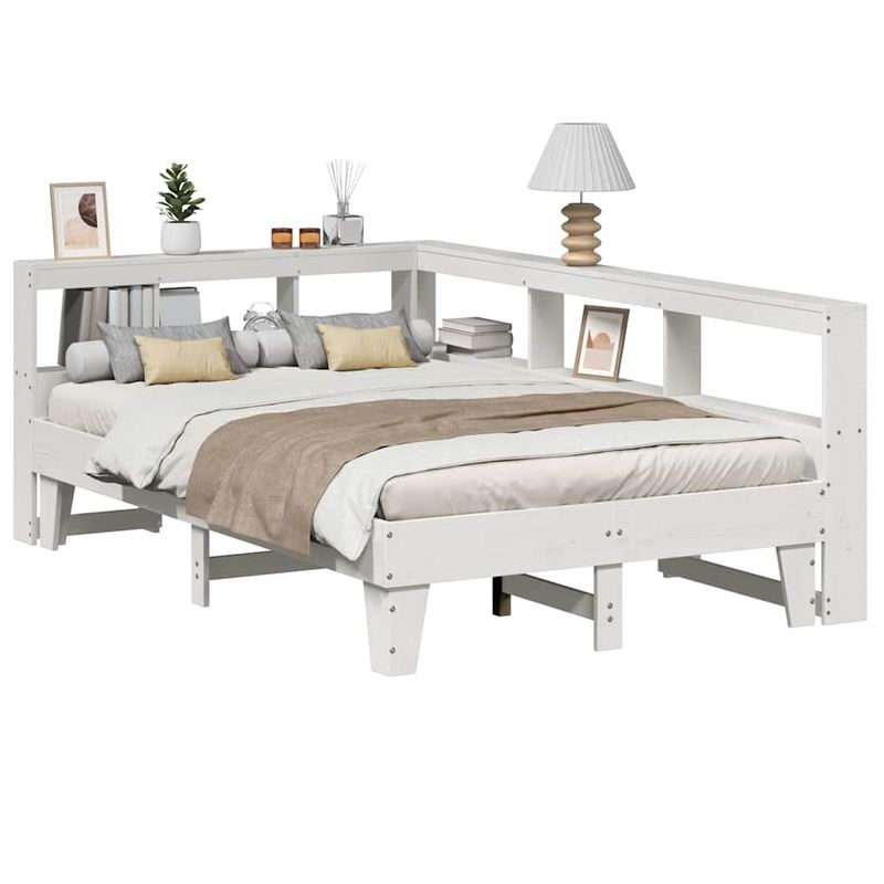 Casa si Gradina - Mobilier - Paturi si accesorii - Paturi - Pat cu biblioteca fara saltea, alb, 135x190 cm, lemn masiv pin - Infinity.ro