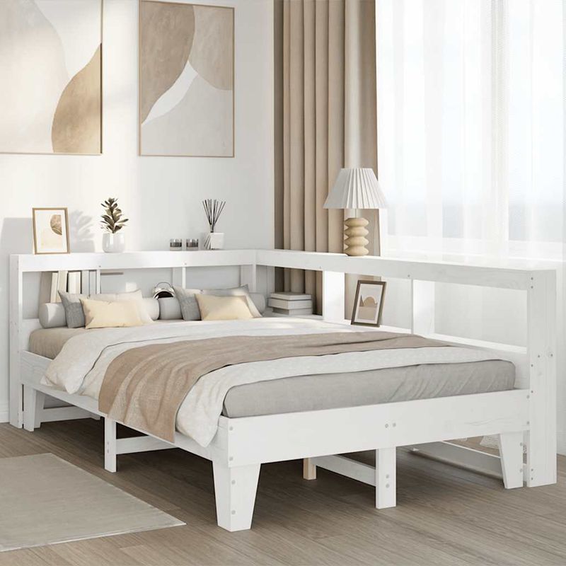 Casa si Gradina - Mobilier - Paturi si accesorii - Paturi - Pat cu biblioteca fara saltea, alb, 135x190 cm, lemn masiv pin - Infinity.ro
