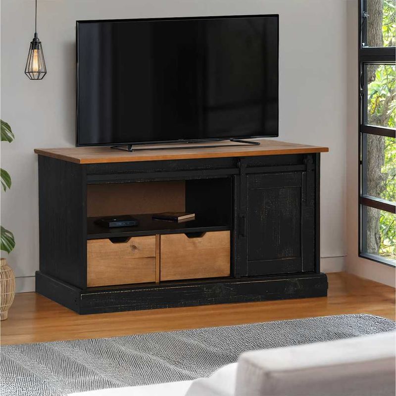 Casa si Gradina - Mobilier - Comode si corpuri - Comode - Dulap TV HALDEN cu usa glisanta negru 110x40x60 cm lemn masiv - Infinity.ro