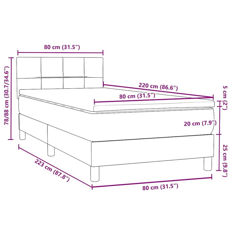 Casa si Gradina - Mobilier - Paturi si accesorii - Paturi - Pat box spring cu saltea, gri deschis, 80x220 cm, catifea - Infinity.ro