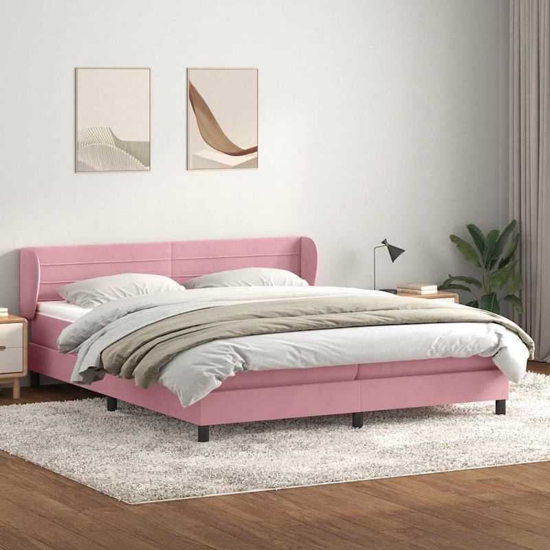 Casa si Gradina - Mobilier - Paturi si accesorii - Paturi - Pat cu arcuri cu saltele roz 180x210 cm catifea, model dungi orizontale - Infinity.ro