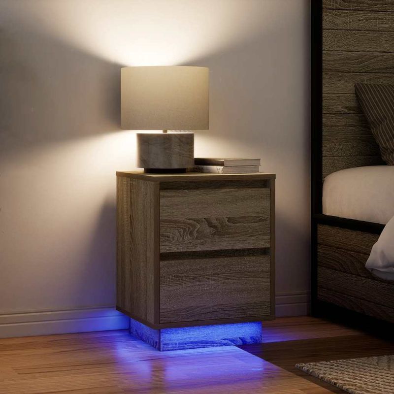 Casa si Gradina - Mobilier - Comode si corpuri - Noptiere - Noptiera cu lumini LED Stejar Sonoma 38x34x50 cm - Infinity.ro