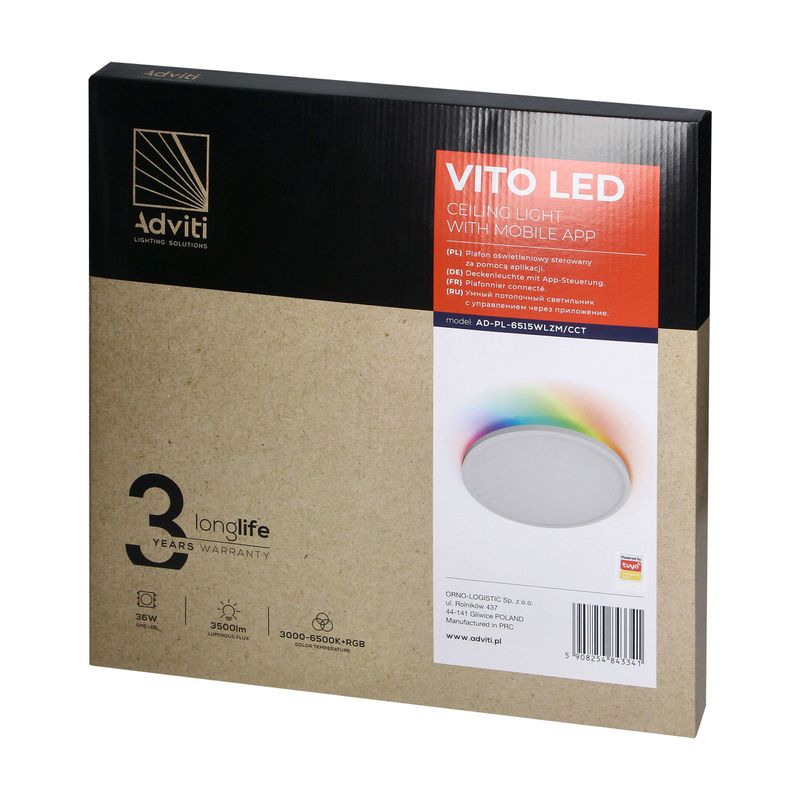 Casa si Gradina - Corpuri si surse de iluminat - Plafoniere, aplice si spoturi - Plafoniera ADVITI Vito AD-PL-6515WLZM/CCT, LED, 36W, 3500lm, Tuya, IP20, IK05, plastic, alb - Infinity.ro