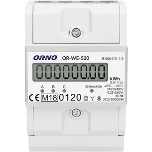 Contor trifazic ORNO OR-WE-520, 80A, certificare MID, 3 faze, 230V, clasa de masurare B, IP51, gri