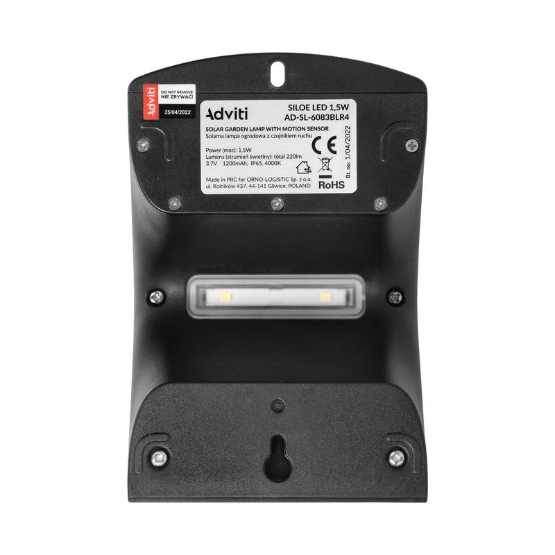Casa si Gradina - Corpuri si surse de iluminat - Iluminat exterior - Lampi solare - Lampa solara ADVITI Siloe AD-SL-6083BLR4, 1.5 W, senzor de miscare, unghi de detectie 120°, negru - Infinity.ro