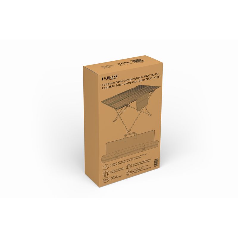 Sport si Outdoor - Camping - Mobilier pentru camping - Mese camping - Masa de camping cu incarcare solara Technaxx TX-251, 20 W, pliabila, dimensiune 60.8 x 40.5 x 42 cm, negru - Infinity.ro