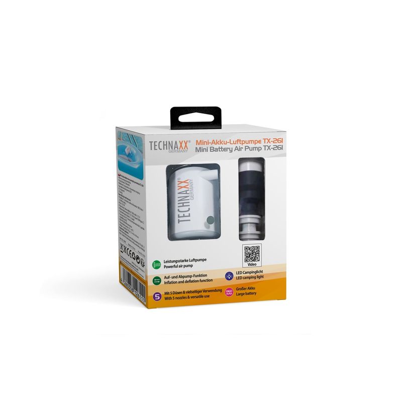 Sport si Outdoor - Ciclism - Accesorii pentru biciclete - Pompe biciclete - Pompa de aer electrica mini Technaxx TX-261, 13.5W, portabila, baterie 1360 mAh, incarcare USB-C, alb - Infinity.ro