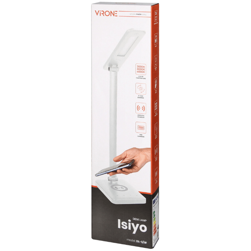 Casa si Gradina - Corpuri si surse de iluminat - Veioze si lampi - Veioze - Lampa de birou Virone Isiyo DL-5/W, 7W, 390 lm, incarcator wireless, port USB, dimmer, 3000/4000/6000K, Aluminiu, Alb - Infinity.ro