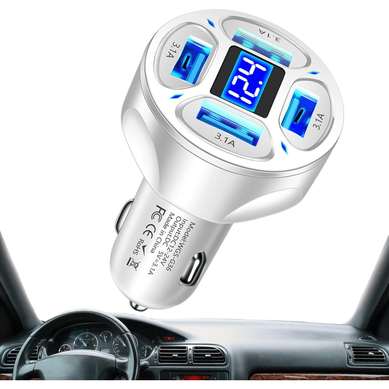 Laptop, Telefoane si Tablete - Telefoane mobile si accesorii - Accesorii Telefoane - Incarcatoare telefoane - Incarcator Auto pana la 66W, 2 USB 3.0,2x USB 2.4A, Fast Charge, Multiple Protectii cu LED albastru, culoare Alb ABYZ™ - Infinity.ro