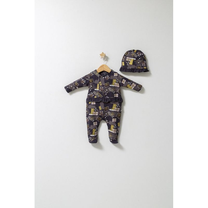 Fashion, accesorii si bijuterii - Copii - Imbracaminte copii - Salopete copii - Set salopeta cu caciulita cu volanas pentru bebelusi Fun Penguin, Tongs baby (Culoare: Gri, Marime: 6-9 luni) - Infinity.ro