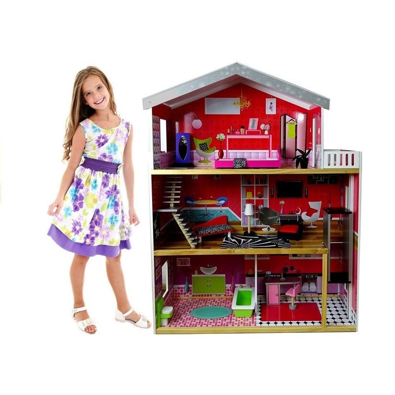 Jucarii, Copii si Bebe - Jucarii si jocuri - Papusi si accesorii - Casute de papusi si mobilier - Casa de papusi, cu 4 camere Juliet, pe 3 nivele, de culoare roz - Infinity.ro