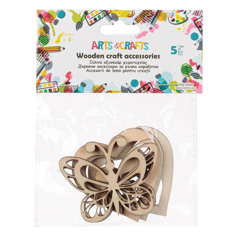 Casa si Gradina - Decoratiuni - DIY - Kit-uri - Accesorii lemn arts & crafts, set 5 bucati, inimi si fluturi - Infinity.ro