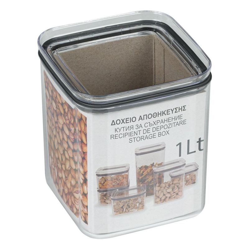 Casa si Gradina - Bucatarie si vesela - Organizare si depozitare bucatarie - Cutii alimentare - Recipient depozitare cereale, model transparent, capacitate 1l, plastic, 10.5 x 10.5 x 12 cm - Infinity.ro