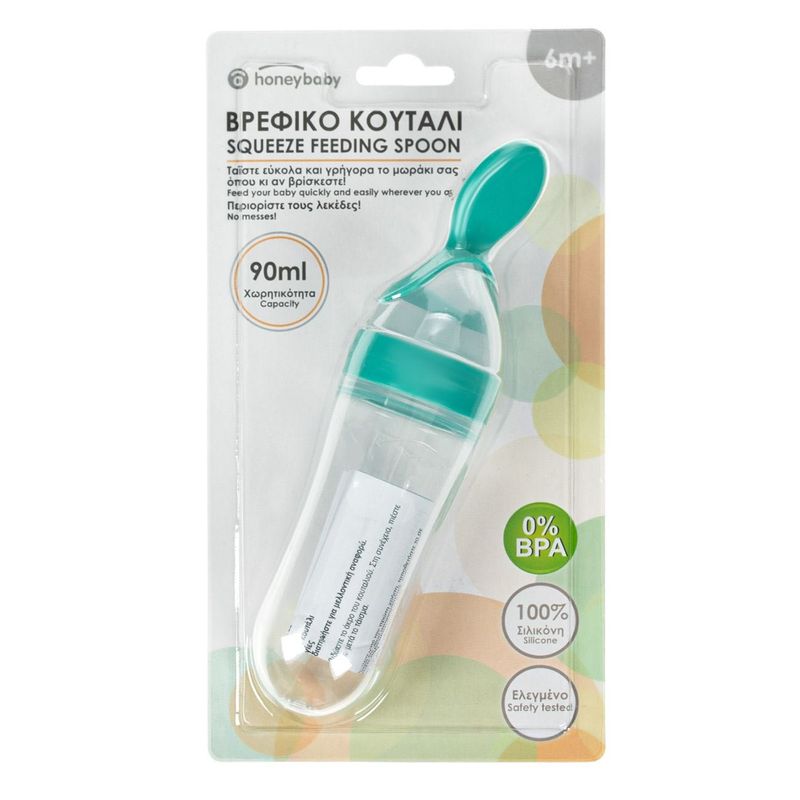 Casa si Gradina - Bucatarie si vesela - Ustensile bucatarie - Polonice, linguri si clesti de bucatarie - Lingura silicon bebe, honeybaby, squeeze feeding spoon, culoare verde menta, capacitate 90ml - Infinity.ro